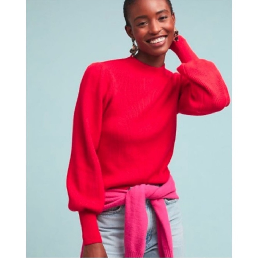 ANTHROPOLOGIE Line & Dot Red Crew Neck Balloon Sleeve Sweater